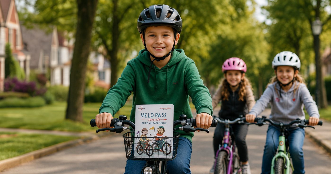 Kinder beim Velofahren mit Velopass-Heft