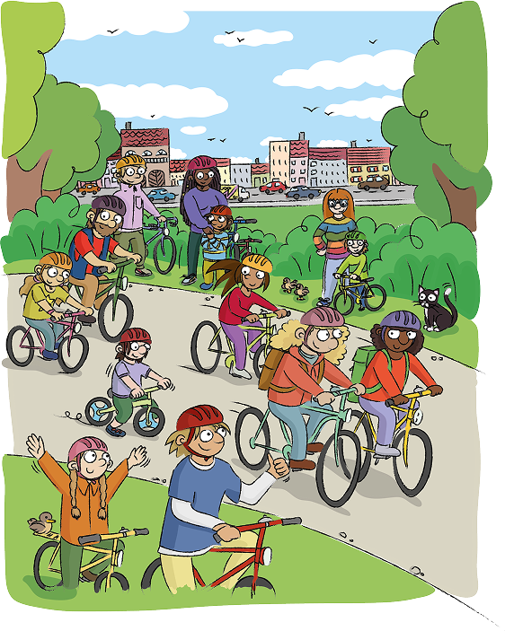 Children and parents cycling together through a park